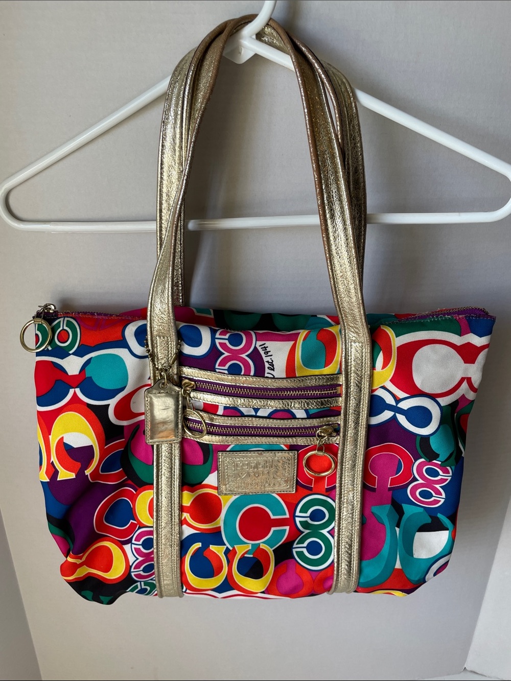 Coach Multicolor Signature 'C' Tote with Gold Handles Poppy